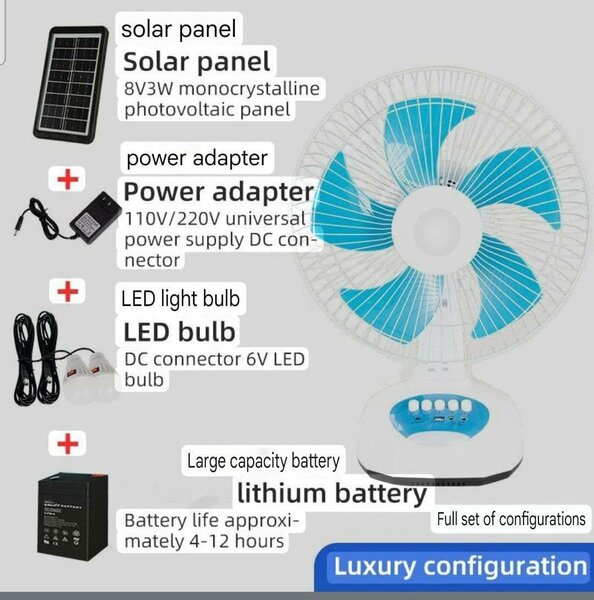 Rechargeable fan with bulbs and solar panel