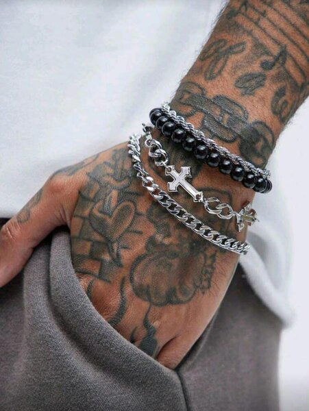 Bracelet Homme Croix Métal & Perles