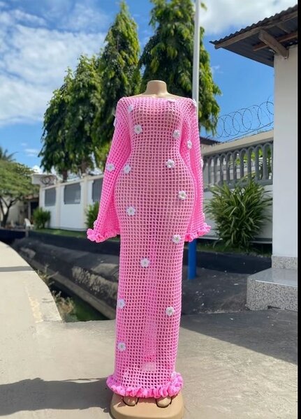 Robe Maille Crochet Rose Élégant