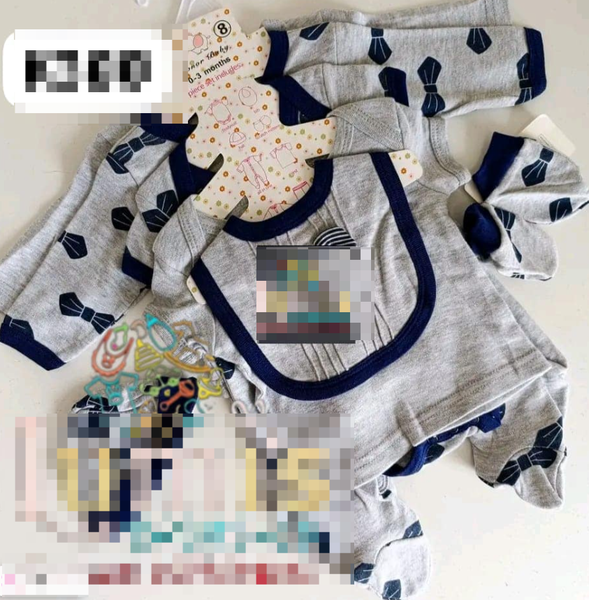 Set for a newborn boy, grey-blue, 8 pieces, cotton