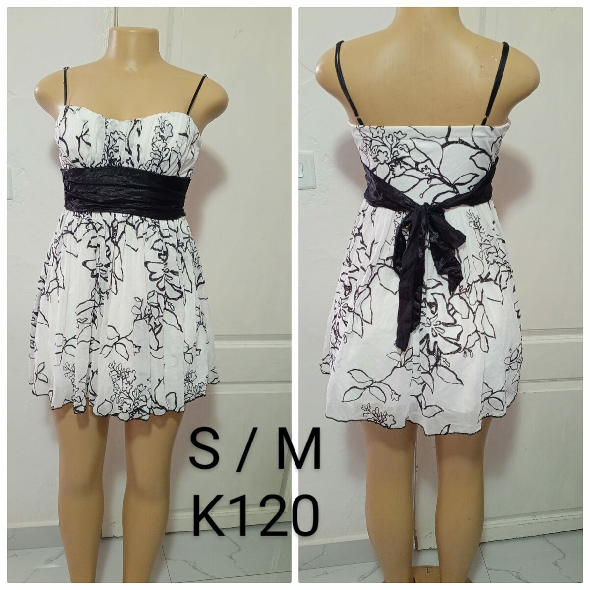 Short women's dress with straps, white and black print, sizes S/M