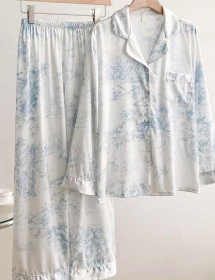Plant printed color block silky satin pajamas