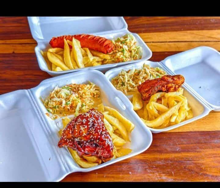 Chicken and chips.  Sausage and chips