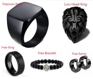 Black Lion Head and Titanium Ring For Boys with FREE Band Ring, Lion Head Bracelet and Earrings for Men's & boys