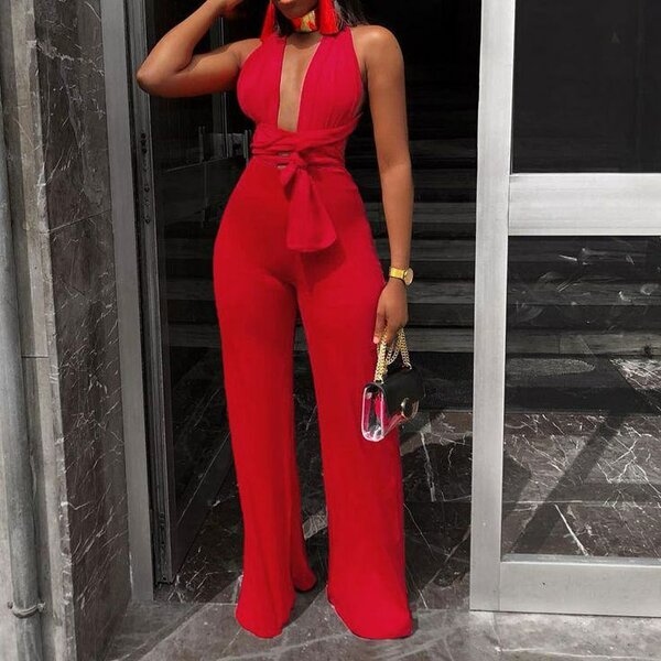 Red Halter Neck Jumpsuit for Women