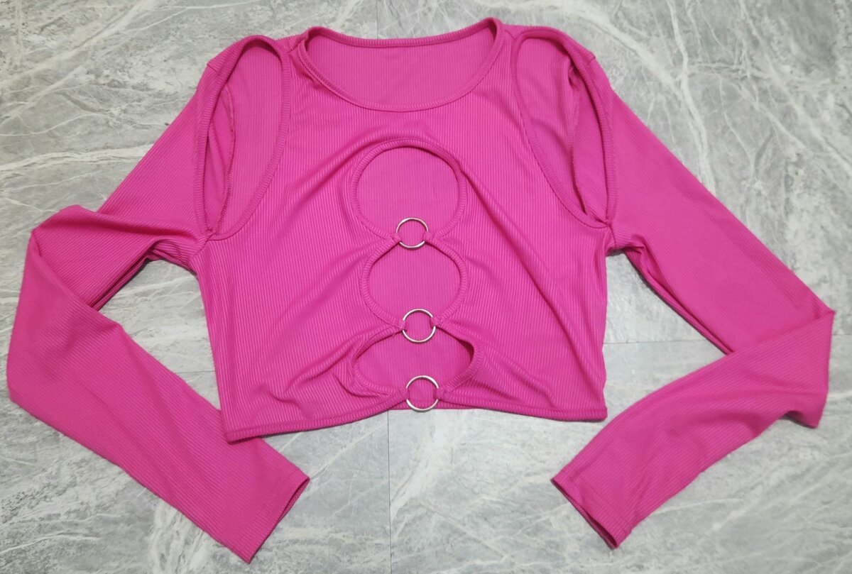 Women's Sexy Cut Out Long Sleeve Crop Top Ribbed Knit O Ring