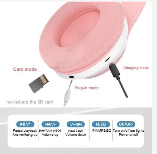 Cute Cat Ear Wireless Headphones with Led light - Pink