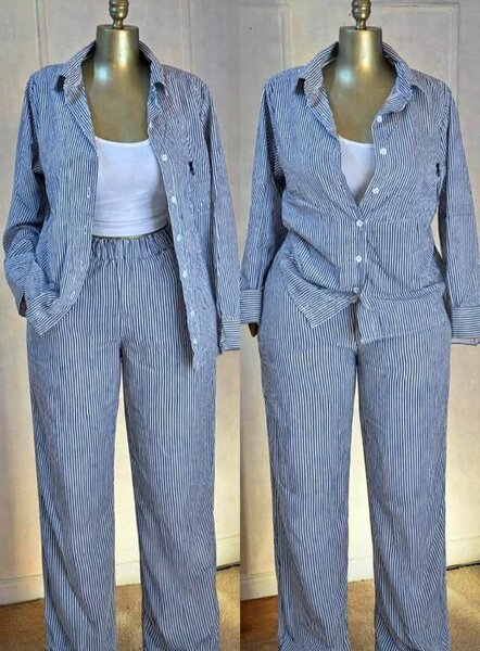 Ensemble pantalon et chemisier rayé pour femme