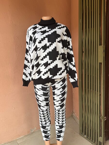 Black and white heavy turtleneck top and down