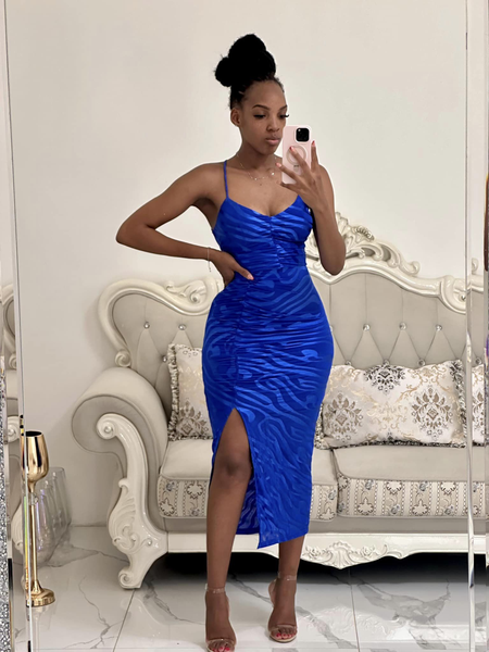 blue sleeveless slit below the knee bodycon dress