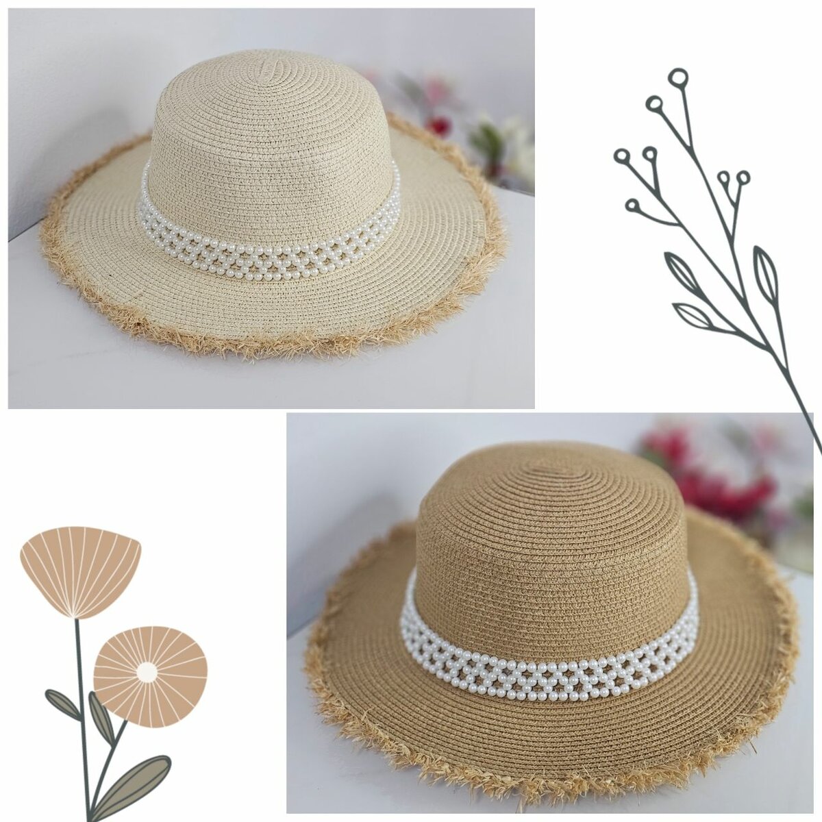Chapeau paille orné de perles