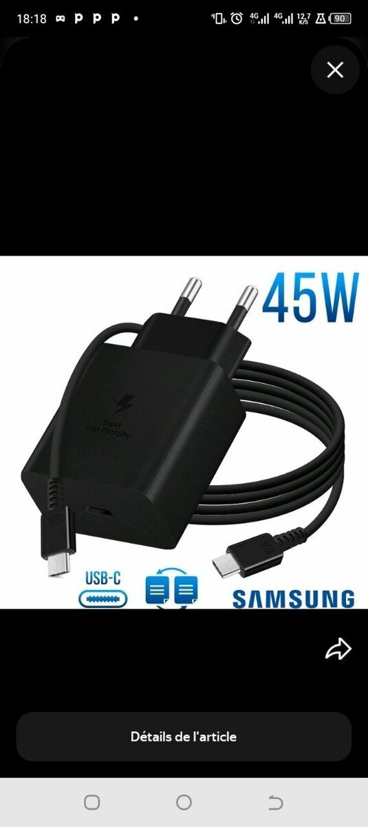 Chargeur rapide 45W Samsung