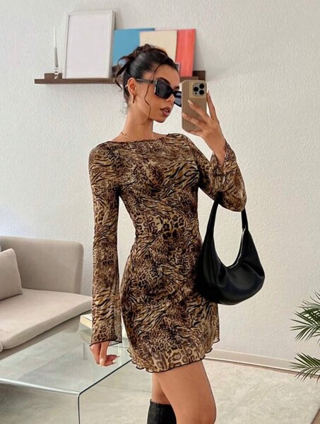 Leopard Print Backless Bell Sleeve Mesh Mini Dress
