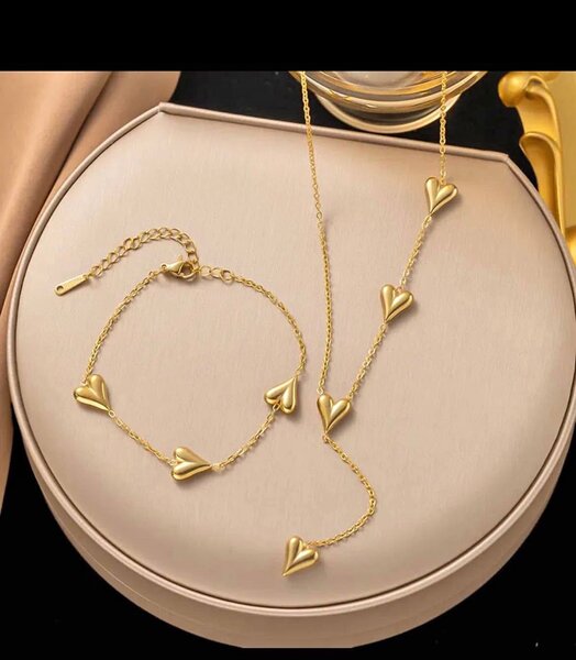 Ensemble Collier et Bracelet en Forme de Coeur Doré