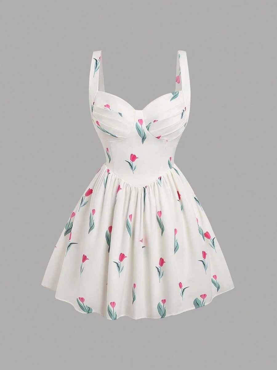 Womans floral printed short sundress with ruched