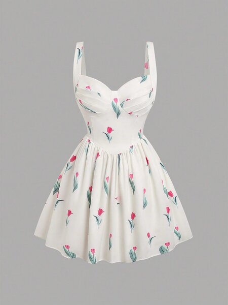 Womans floral printed short sundress with ruched