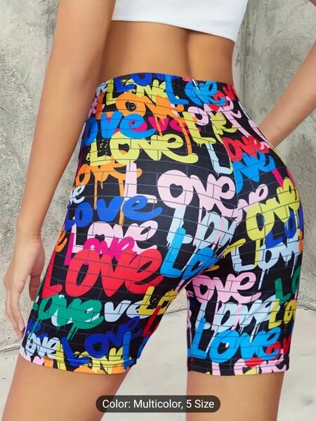 Letter Print Skinny Stretchy Shorts, Casual High Waist Short