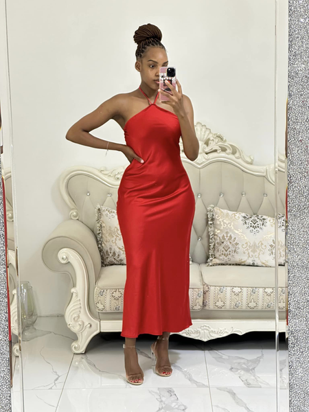 red shiny long dress