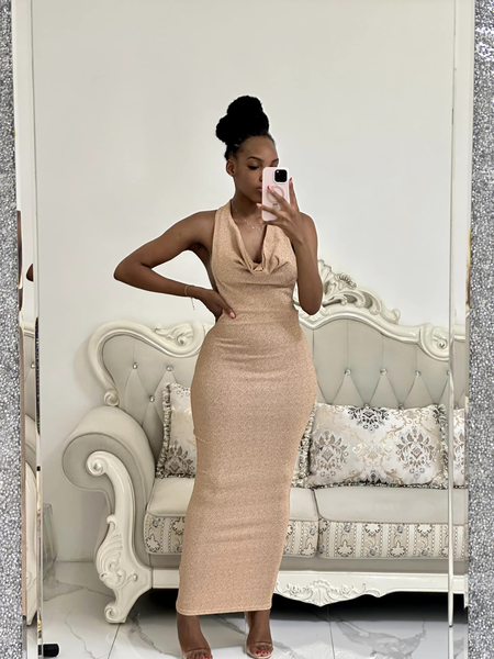 beige sleeveless long dress