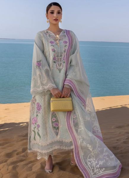 Sky blue dress with floral embroidery and light chiffon dupatta