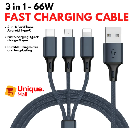 3 in 1 Fast Charging USB Cable for iPhone, Android, Type-C, Xiaomi, Huawei, Samsung, Oppo, Vivo, iPad, Tablet, and Smartphones – Durable Multi-Device Charger Wire by Unique Mall