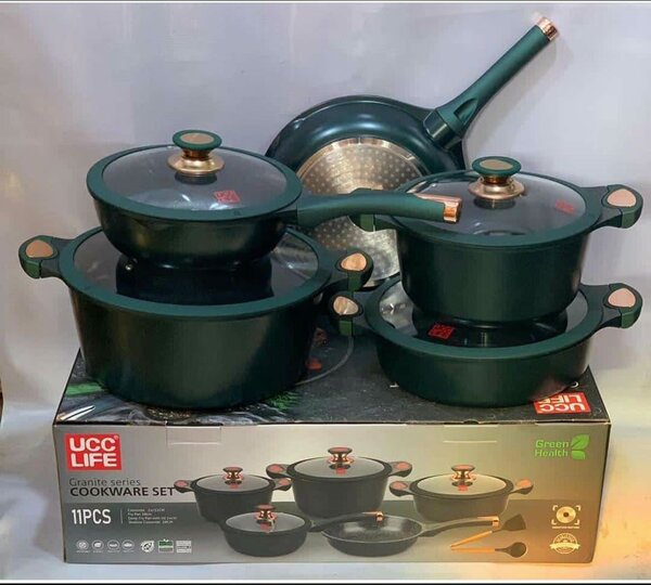 11 pieces granite non stick cookware available in emerald green as seen in the picture