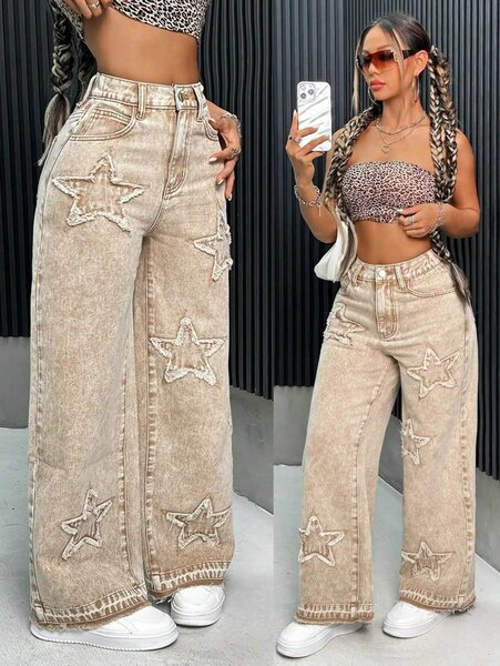 Jean large star brodé femme
