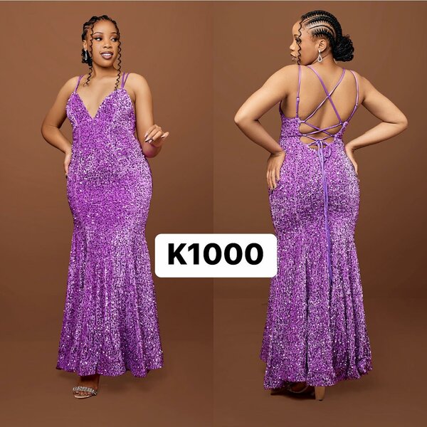 Evening long dress with straps, lilac with sequins