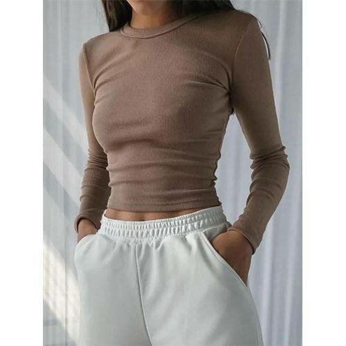 O Neck Long Sleeve Shirt Women Ribbed Sexy Cropped Tops 2025
