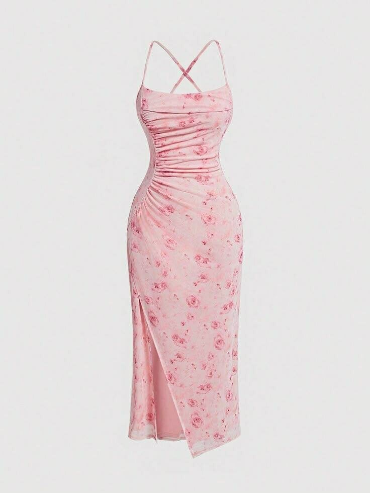 Robe florale moulante rose
