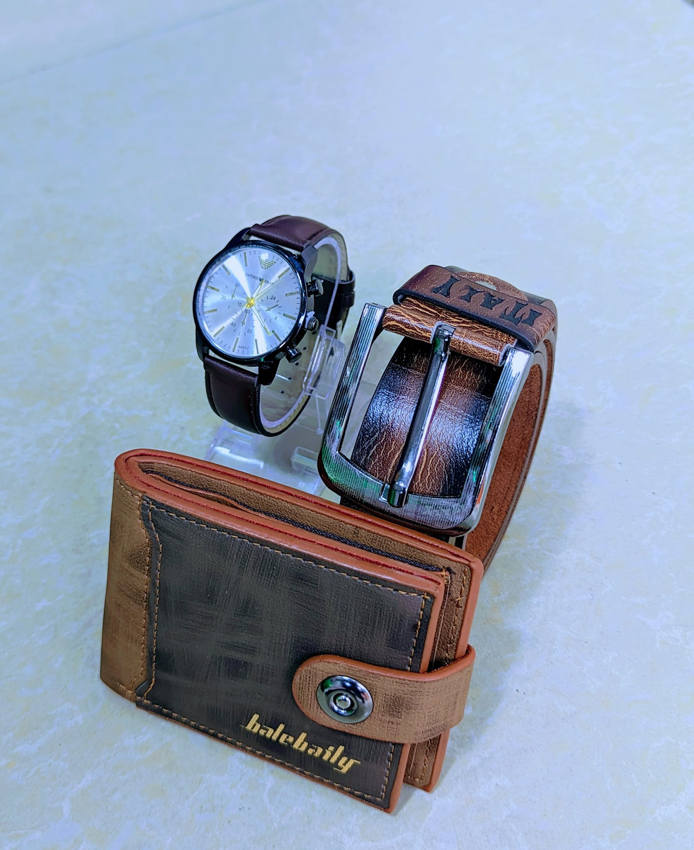 Combo of a wrist watch, wallet and belt 