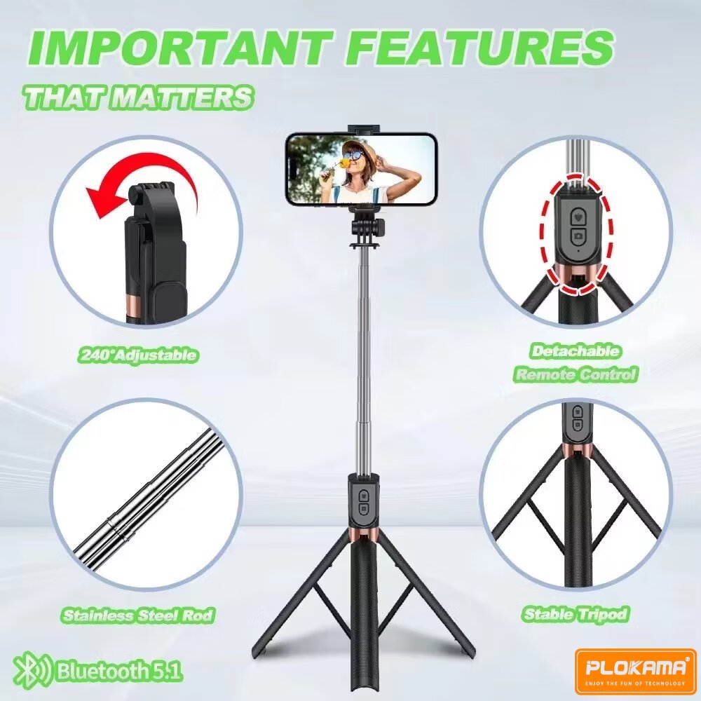 PLOKAMA K9 Bluetooth Selfie Stick & Tripod - 3-in-1 (1.7M He