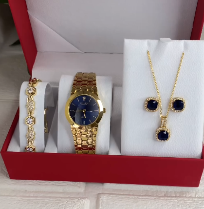 Gold watch set, chain and earrings crystals blue