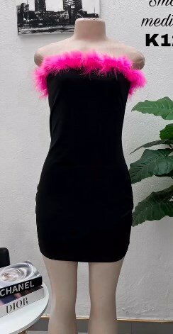 Mini dress, black, pink feathers on top