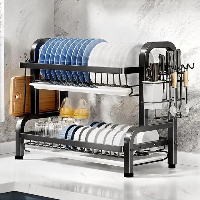 2-Tier Compact Kitchen Dish Rack Drainboard, Dish Drying.