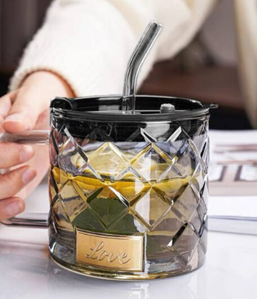 Love Diamond Design 16oz Travel Coffee Tea Mug with Spill-Proof Lid and Glass Straw 