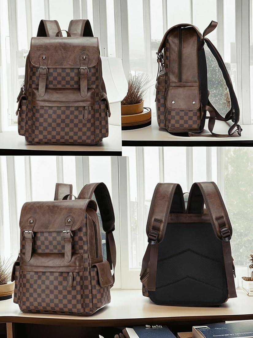 Classic Leather Backpack Brown Check