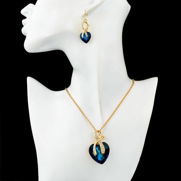 Parure Collier et Boucles Coeur Bleu