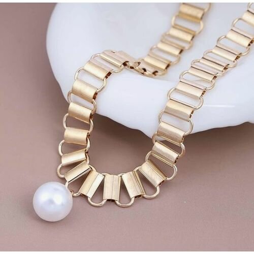 Pearl Collar Necklace, Geometric Gold Chain Collar
