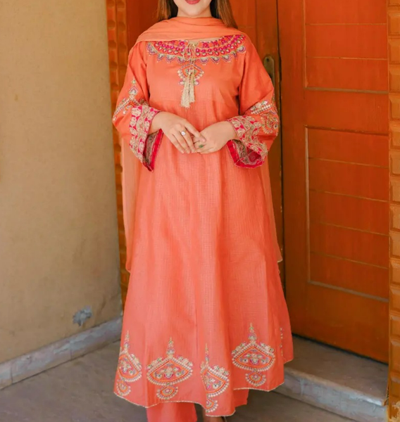 *Doria Cotton Embroidery Frock 3Pc*