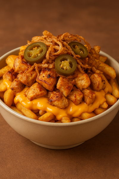 Frites cheddar & poulet mariné