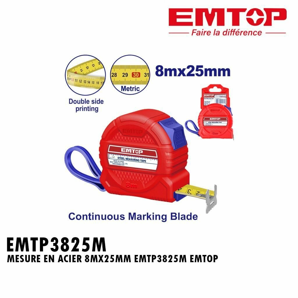 Mètre ruban acier Emtop 8m
