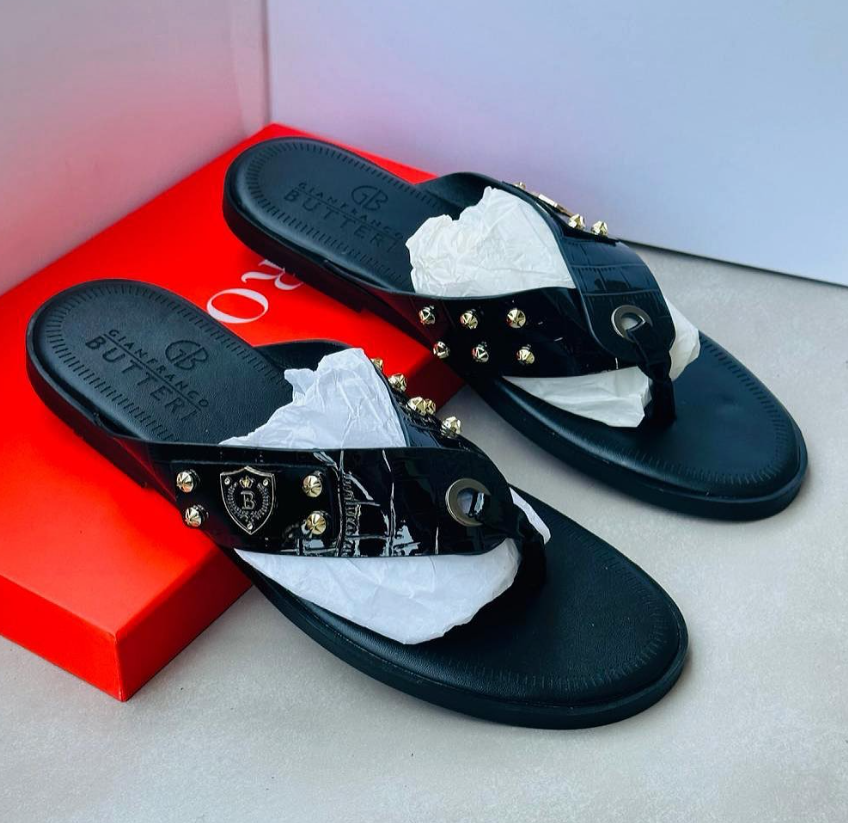 Mens Leather Mirror Slides