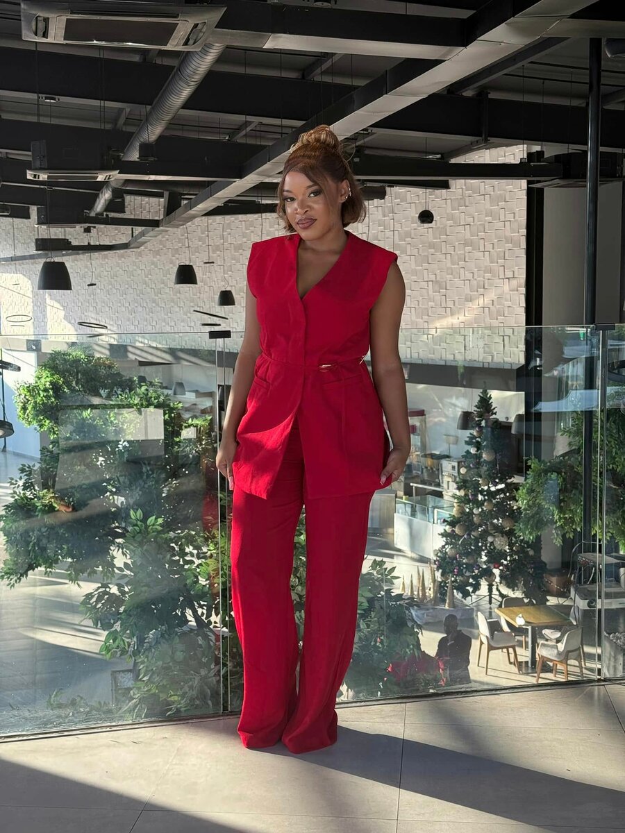 shirt and trousers are red