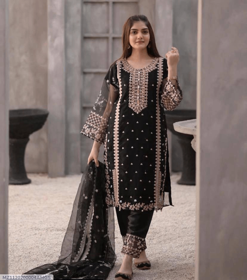3 pcs women's stiched organza Embroidered suit