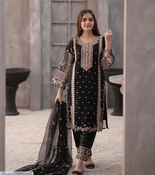 3 pcs women's stiched organza Embroidered suit
