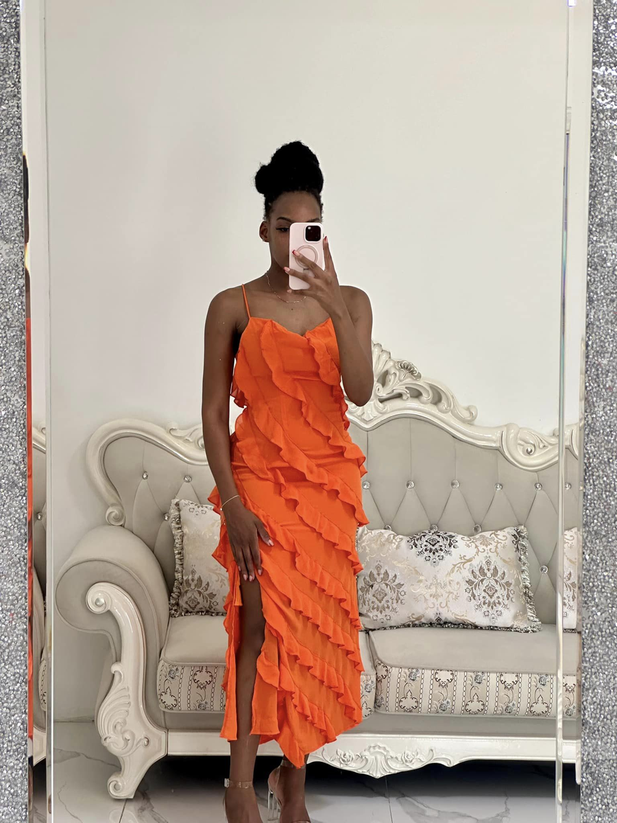 orange ruffled slit below knee sleeveless bodycon dress