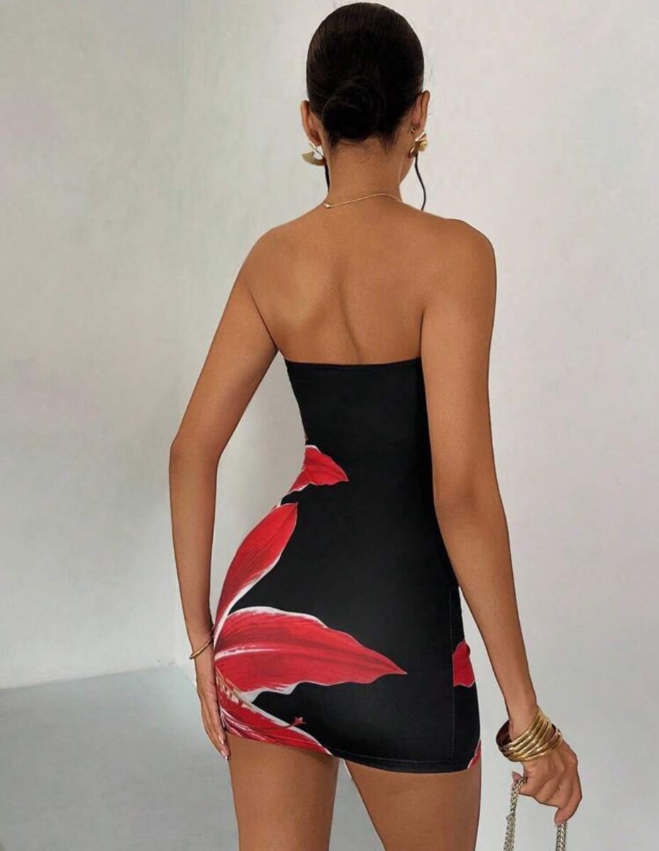 Robe Tube à Fleurs Rouges