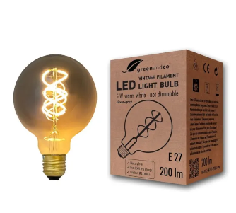 Vintage Filament LED Lamp Silver Gray E27 G95 5W 200lm 1800K extra warm white 360° 230V Not Dimmable, Pack of 3