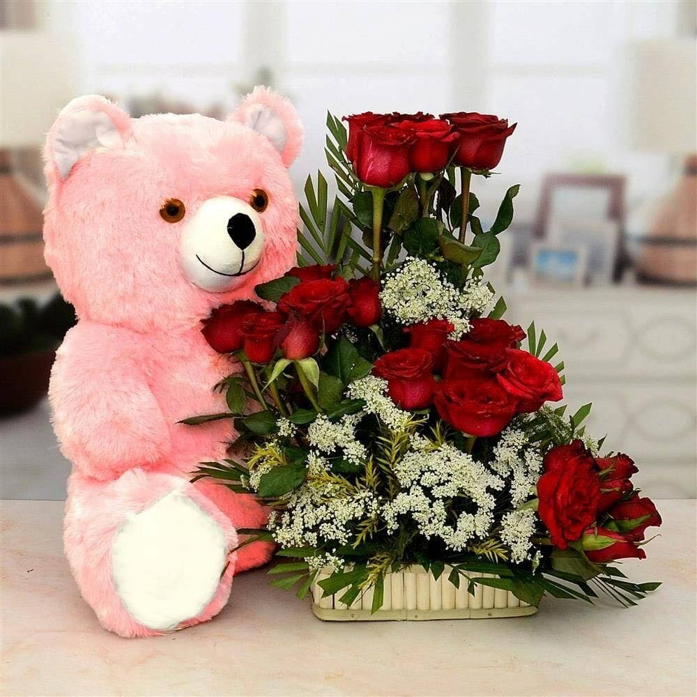 Pink Teddy Bear With Exotic Red Rose Basket